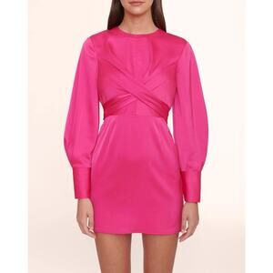 STAUD NWT Crosshill Pink Satin Long Sleeve Cut Out Back Mini Dress XS NEW $350